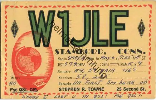 QSL - Radio - W1JLE - USA - Stamford CT - 1936