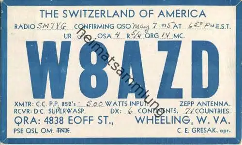QSL - Radio - W8AZD - USA - Wheeling WV - 1935