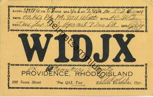 QSL - Radio - W1DJX - USA - Providence RI - 1934