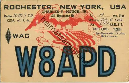 QSL - Radio - W8APD - USA - Rochester NY - 1936