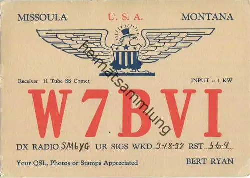 QSL - Radio - W7BVI - USA - Missoula MT - 1937