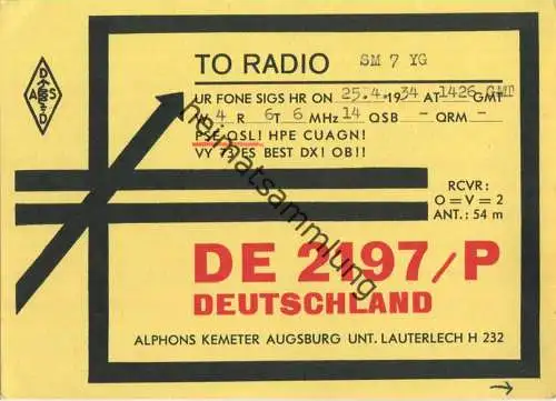 QSL - QTH - Funkkarte - DE2197/P - Augsburg - 1934