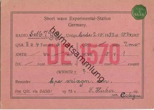 QSL - QTH - Funkkarte - DE1570 - Köln - Experimental-Station - 1932