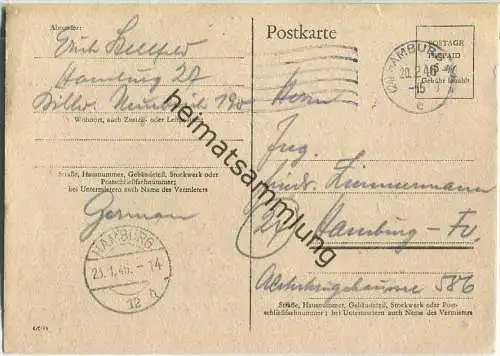Bedarfskarte mit Ausgabestempel Hamburg - gebraucht am 20.02.1946 innerhalb Hamburgs