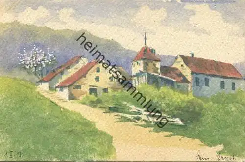 Dorf im Frühling - Künstlerkarte - Aquarell - beschrieben 1903