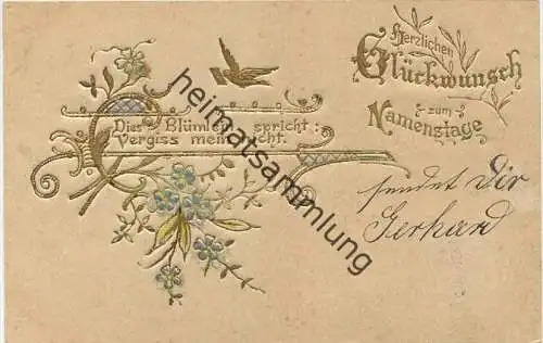 Glückwunsch zum Namenstag - Prägedruck gel. 1904