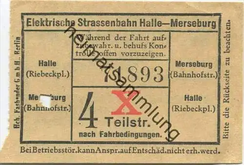 Elektrische Strassenbahn Halle-Merseburg - Fahrschein 4 Teilstrecken