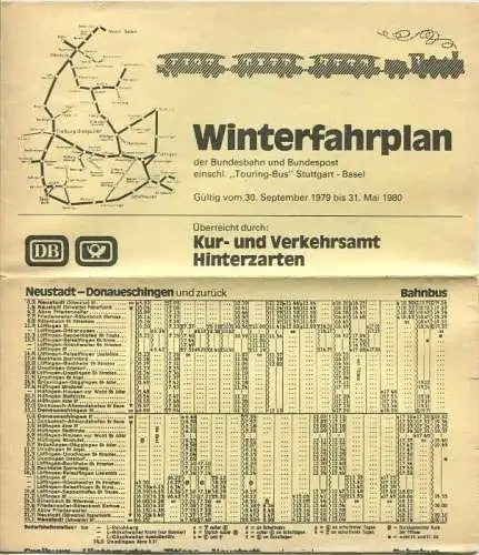 Hinterzarten 1979 - Winterfahrplan der Bundesbahn und Bundespost einschließlich Touring-Bus Stuttgart-Basel - Faltblatt