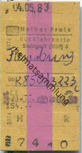 Rückfahrkarte Halber Preis - Stuttgart Hbf 6 nach Flensburg - Fahrkarte 2. Klasse 154,00 DM 1983