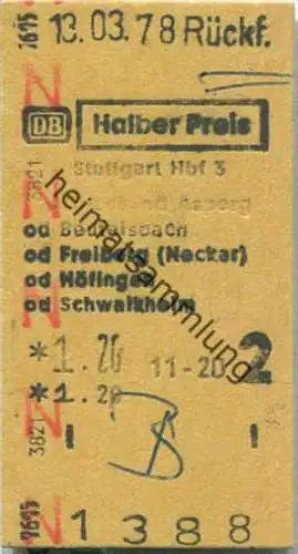 Rückfahrkarte Halber Preis - Stuttgart Hbf 3 nach Altbach oder Asperg - Fahrkarte 2. Klasse 1,20 DM 1978