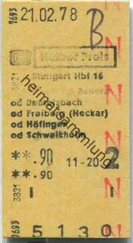 Fahrkarte Halber Preis - Stuttgart Hbf 16 nach Altbach oder Asperg - Fahrkarte 2. Klasse 0,90 DM 1978