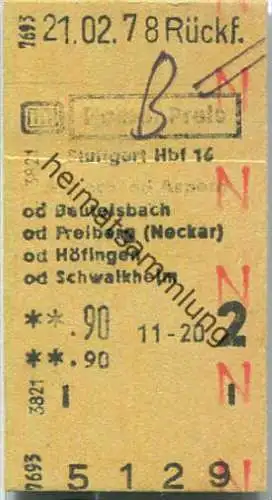 Rückfahrkarte Halber Preis - Stuttgart Hbf 16 nach Altbach oder Asperg - Fahrkarte 2. Klasse 0,90 DM 1978