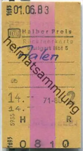 Rückfahrkarte Halber Preis - Stuttgart Hbf 5 nach Aalen - Fahrkarte 2. Klasse 14,00 DM 1983