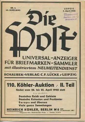 Die Post - Universal-Anzeiger für Briefmarken-Sammler - Nummer 4 - 49. Jahrgang - April 1942