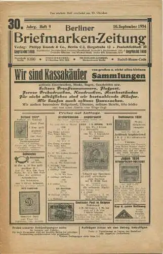 Berliner Briefmarken-Zeitung - 30. Jahrgang Heft 9 - September 1934 - Verlag Phillip Kosack & Co.