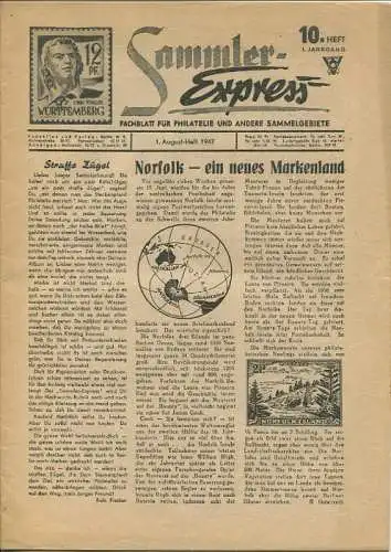 Sammler-Express - Fachblatt für Philatelie und andere Sammelgebiete 10. Heft 1. Jahrgang August 1947