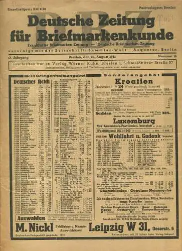 DBZ - Deutsche Zeitung für Briefmarkenkunde 17. Jahrgang August 1941 Nummer 16