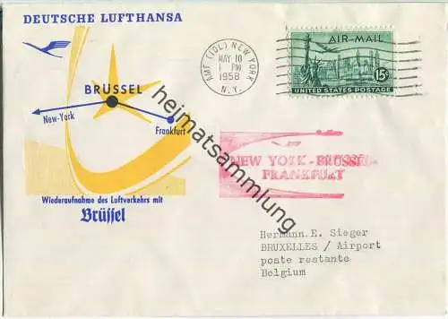 Luftpost Deutsche Lufthansa - Wiederaufnahme des Flugverkehrs Brüssel - New York am  10.Mai 1958