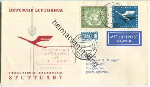 Luftpost Deutsche Lufthansa - Wiederaufnahme des Flugverkehrs Frankfurt / Main - Stuttgart am 31. Oktober 1955