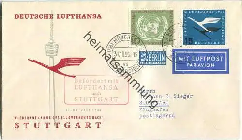 Luftpost Deutsche Lufthansa - Wiederaufnahme des Flugverkehrs München - Stuttgart am 31. Oktober 1955