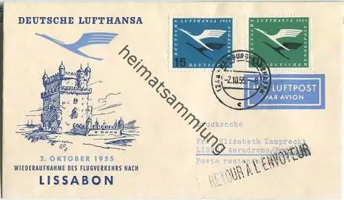 Luftpost Deutsche Lufthansa - Wiederaufnahme des Flugverkehrs Hamburg - Lissabon am 2. Oktober 1955