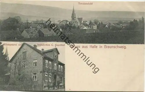 Gruss aus Halle in Braunschweig - Totalansicht - Klempnerei und Installation C. Sagebiel - Verlag A. Alten Hannover 1909