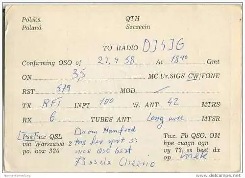 QSL - QTH - Funkkarte - SP1-KAA - Polska - Poland - Szczecin - 1958