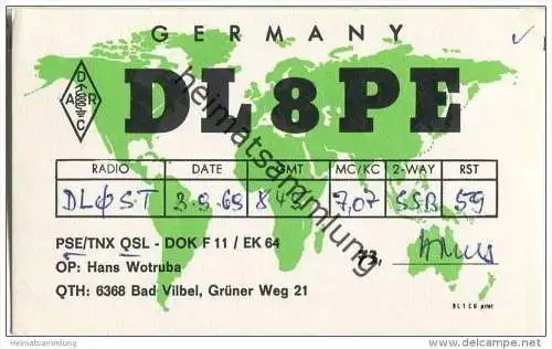 QSL - QTH - Funkkarte - DL8PE - Bad Vilbel - 1968