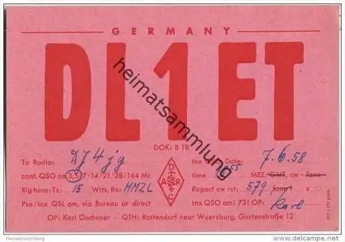 QSL - QTH - Funkkarte - DL1ET - Rottendorf - 1958