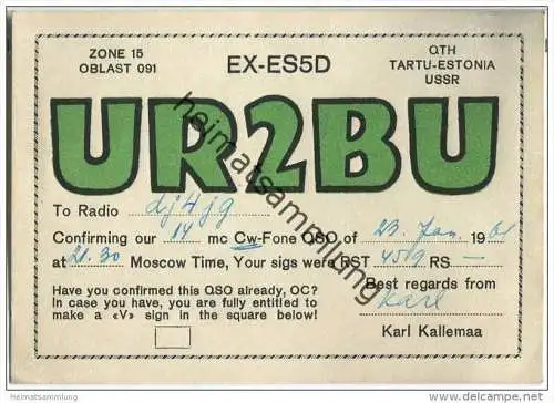 QSL - QTH - Funkkarte - UR2BU - Estonian SSR - Tartu - 1961