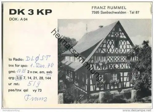 QSL - QTH - Funkkarte - DK3KP - Sasbachwalden - 1970