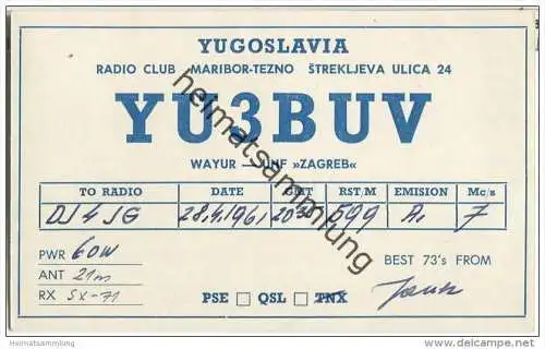 QSL - QTH - Funkkarte - YU3BUV - Slowenien - Maribor-Tezno - 1961
