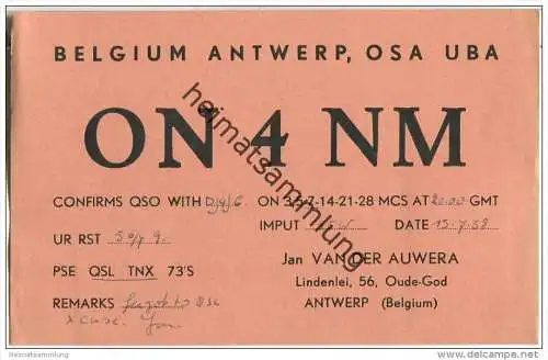 QSL - QTH - Funkkarte - ON4NM - Belgique - Belgie - Antwerpen - Oude-God - 1958