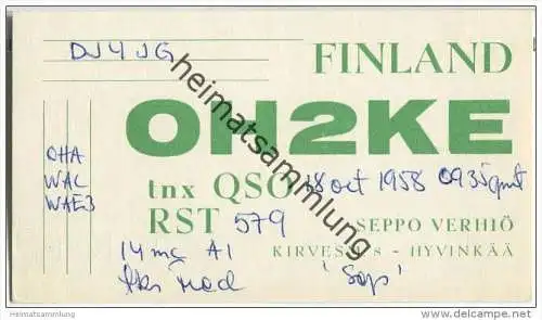 QSL - QTH - Funkkarte - OH2KE - Finnland - Suomi - Hyvinkää - 1958