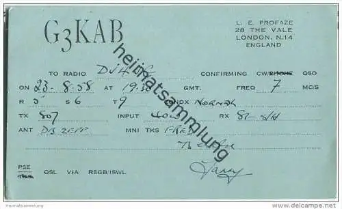 QSL - QTH - Funkkarte - G3KAB - England - London - 1958