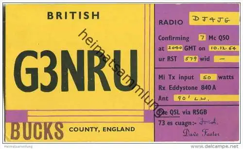 QSL - QTH - Funkkarte - G3NRU - England - Bucks - 1964