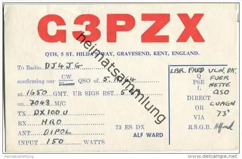 QSL - QTH - Funkkarte - G3PZX - England - Gravesend - 1964