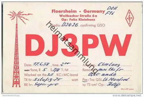 QSL - QTH - Funkkarte - DJ3PW - Floersheim am Main - 1958