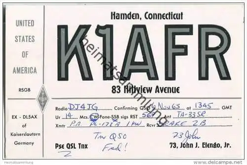 QSL - QTH - Funkkarte - K1AFR - USA - Hamden - 1965