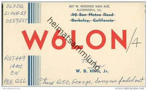 QSL - QTH - Funkkarte - W6LON - USA - Alexandria VA. - 1953