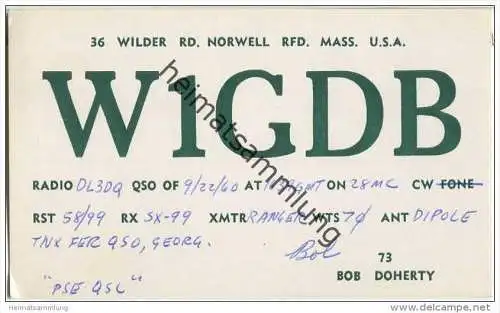 QSL - QTH - Funkkarte - W1GDB - USA - Norwell RFD. Mass. - 1960