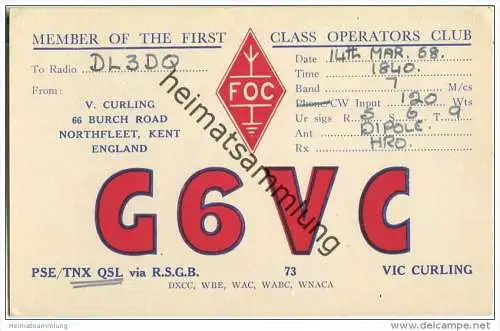 QSL - QTH - Funkkarte - G6VC - Great Britain - Northfleet - 1958