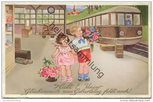 Halt! Unser Glückwunsch zum Geburtstag fehlt noch! - Kinder - Blumen - Bahnhof - Zug