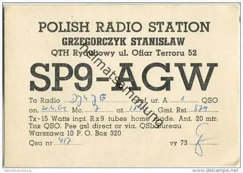 QSL - QTH - Funkkarte - SP9ADR - Polska - Poland - Rydultowy - 1961