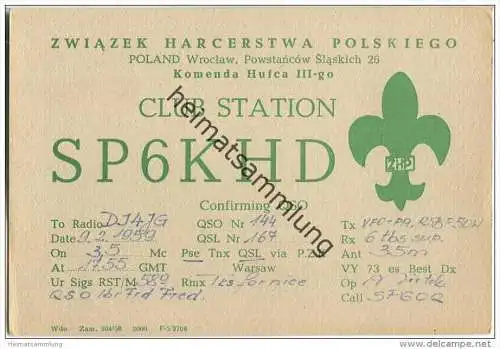 QSL - QTH - Funkkarte - SP6KHD - Polska - Poland - Wroclaw - 1959