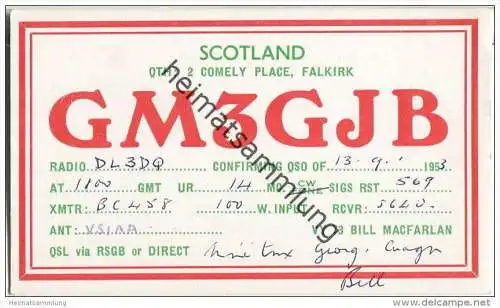 QSL - Funkkarte - GM3GJB - Scotland - Falkirk - 1953