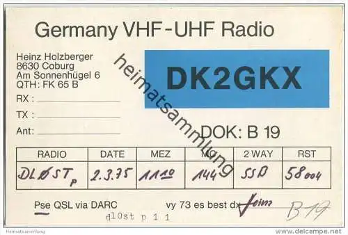 QSL - Funkkarte - DK2GKX - Coburg - 1975