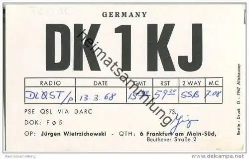 QSL - Funkkarte - DK1KJ - Frankfurt - 1968