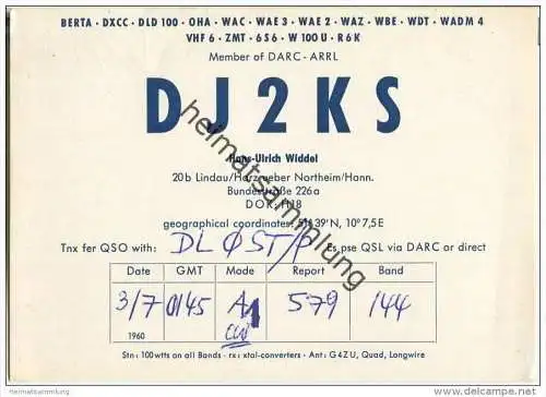 QSL - Funkkarte - DJ2KS - Lindau/Harz - 1960