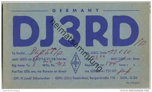 QSL - Funkkarte - DJ3RD - Euskirchen - 1960